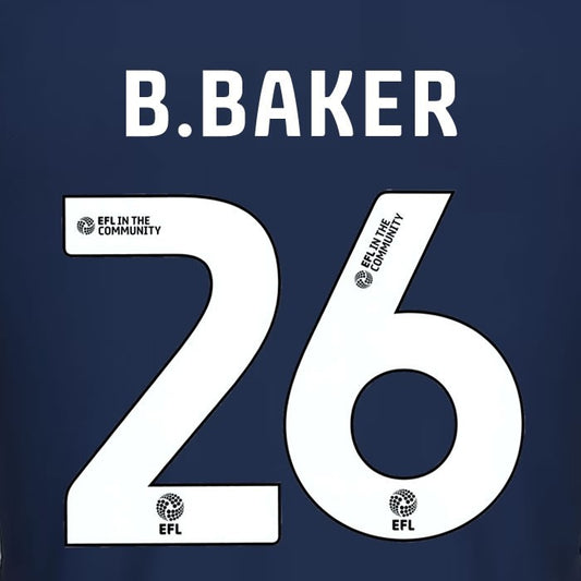 25 26 MILLWALL B. BAKER 26 OFFICIAL WHITE HOME PLAYER SIZE NAME SET 230MM