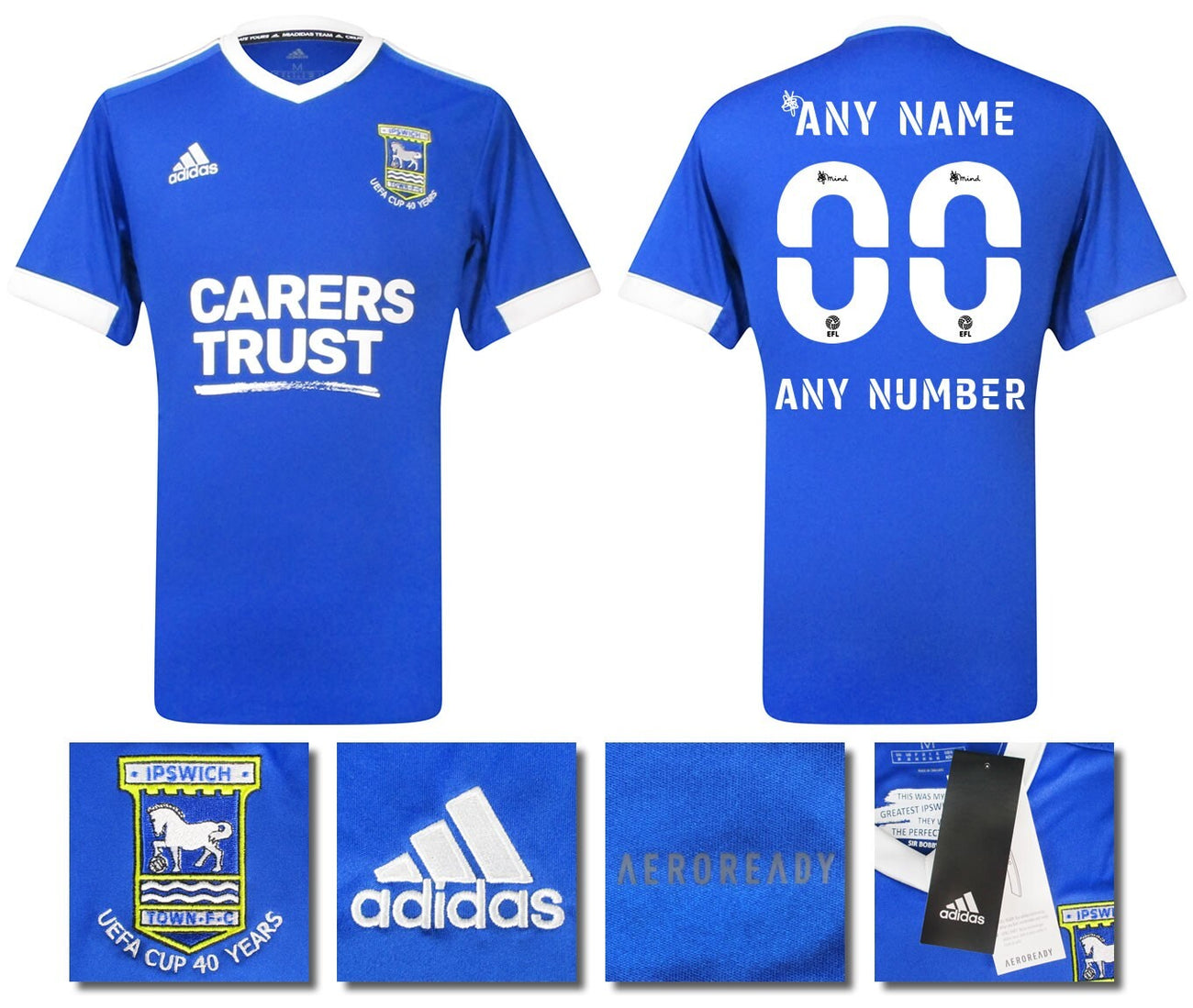 BNWT 2020 2021 IPSWICH TOWN HOME ADIDAS FOOTBALL SHIRT PERSONALIZED MEN'S MEDIUM