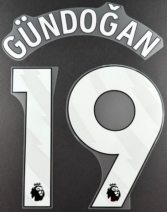 MAN CITY 2023/25 GUNDOGAN 19 OFFICIAL AVERY DENNISON WHITE PLAYER SIZE NAME SET