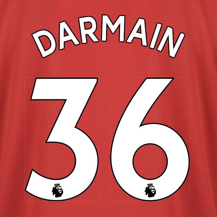MAN UTD 2019-2023 DARMAIN 36 OFFICIAL AVERY DENNISON WHITE PLAYER SIZE NAME SET
