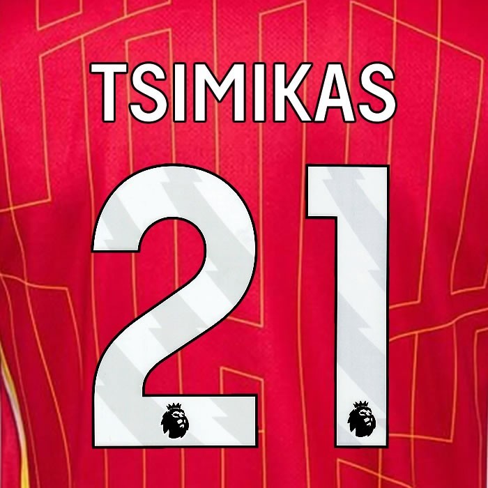 2024 2025 OFFICIAL LIVERPOOL TSIMIKAS 21 WHITE HOME PLAYER SIZE NAMESET