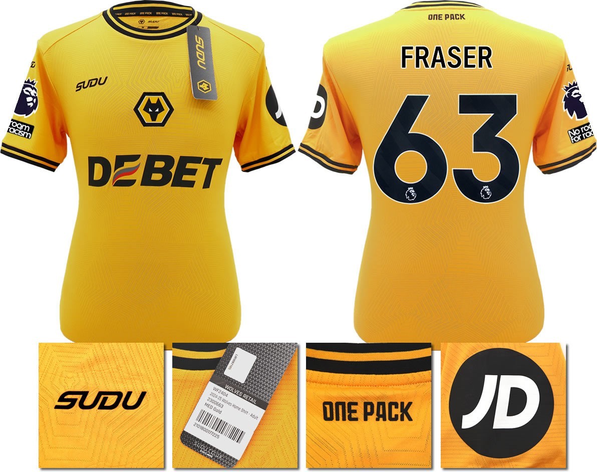 BNWT 2024 2025 WOLVES SUDU HOME SHIRT FRASER 63 + PATCHES