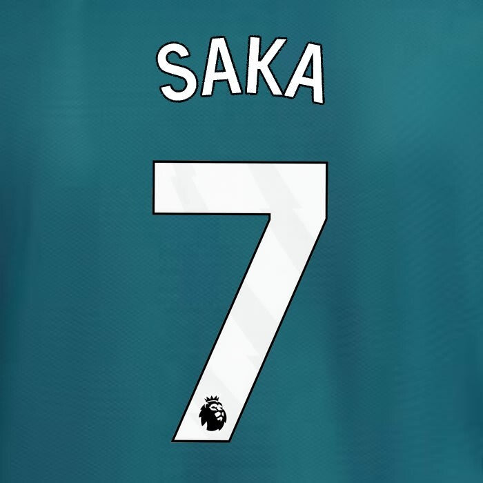 2023 2024 ARSENAL SAKA 7 WHITE 3RD OFFICIAL PLAYER SIZE NAME SET 250MM