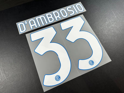 INTER MILAN 2020 2021 D AMBROSIO 33 OFFICIAL HOME WHITE PLAYER SIZE NAMESET