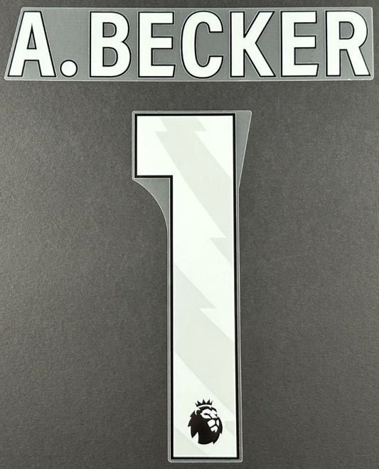 LIVERPOOL 2023/24 A. BECKER 1 OFFICIAL AVERY DENNISON WHITE PLAYER SIZE NAME SET