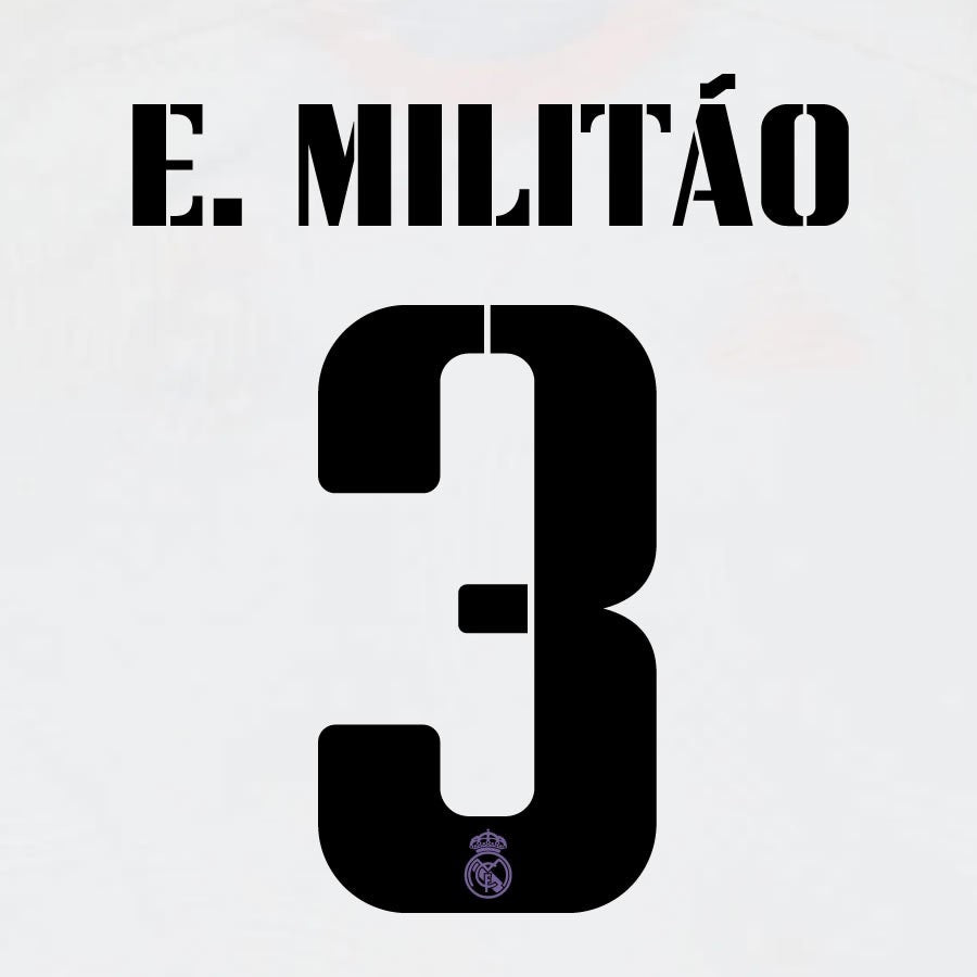 22 23 AVERY DENNISON REAL MADRID E. MILITAO 3  HOME BLACK PLAYER SIZE NAMESET