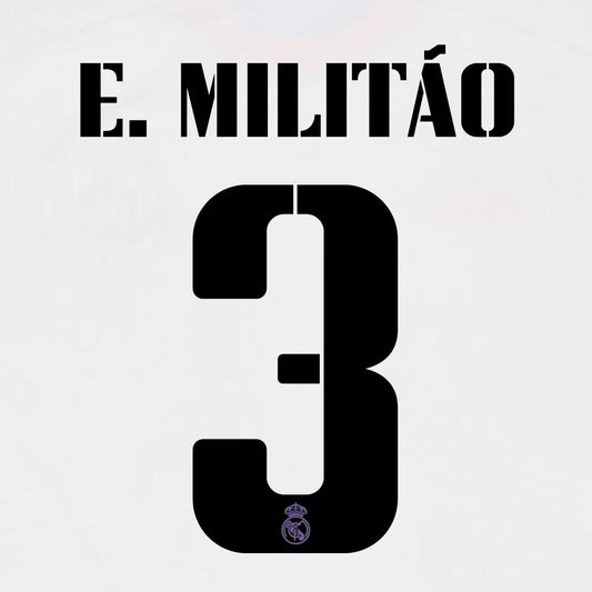 22 23 AVERY DENNISON REAL MADRID E. MILITAO 3  HOME BLACK PLAYER SIZE NAMESET