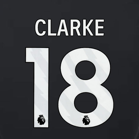 2023 2024 LUTON TOWN OFFICIAL CLARKE 18 WHITE 3RD PLAYER SIZE NAMESET