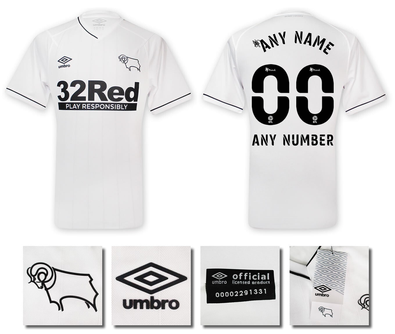 BNWT 2020 2021 DERBY HOME UMBRO FOOTBALL SHIRT PERSONALISED MEN'S