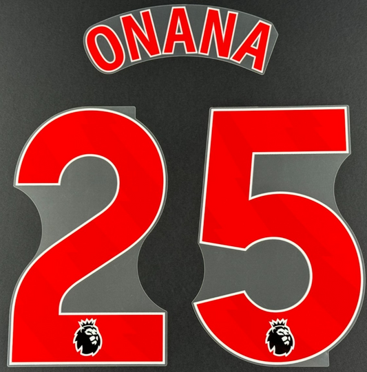 MAN UTD 2025 - 2026 ONANA 25 OFFICIAL AVERY DENNISON RED PLAYER SIZE NAME SET