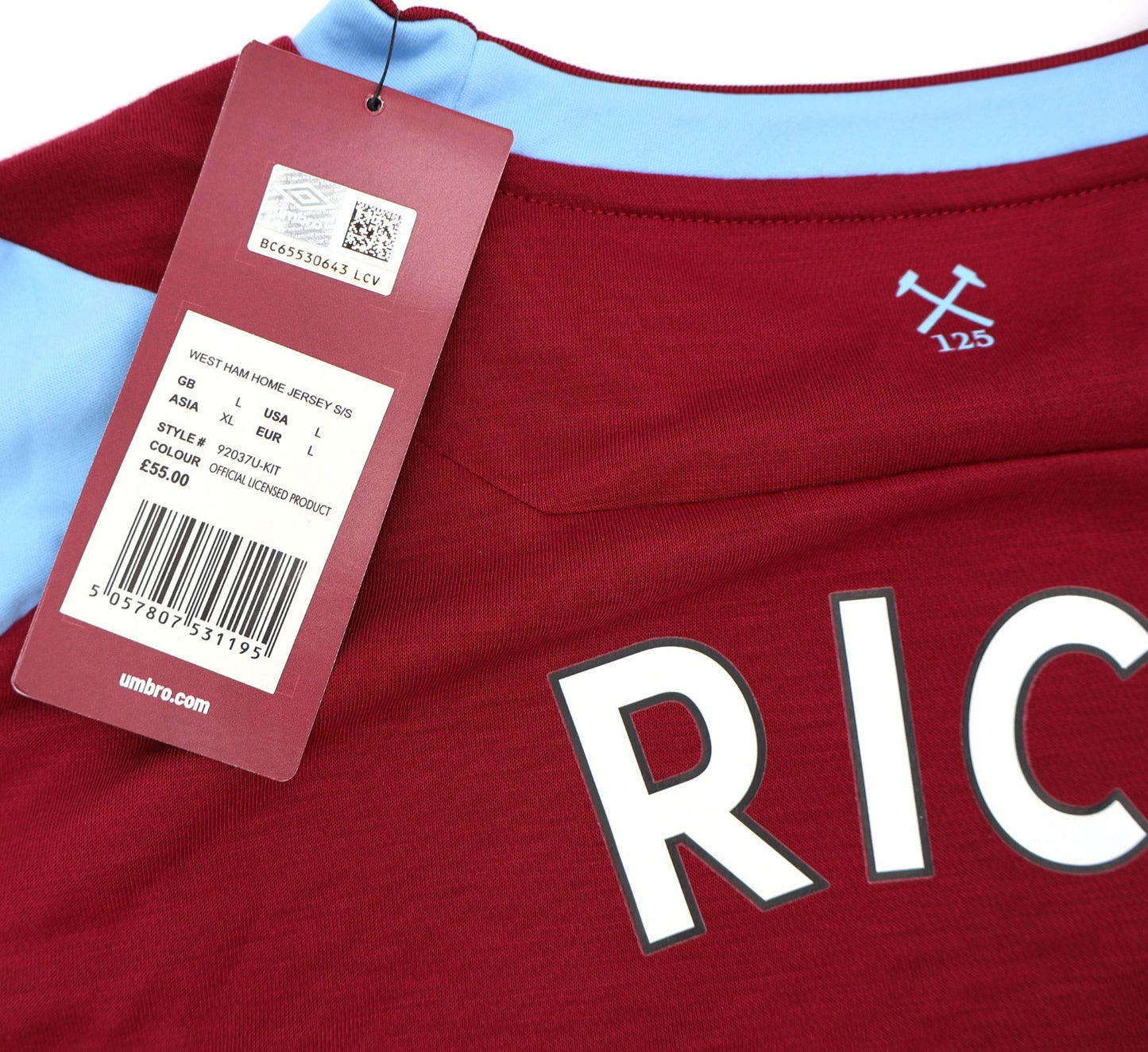 BNWT 2020 2021 UMBRO WEST HAM HOME SHIRT RICE 41 + PATCHES