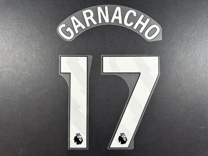 MAN UTD 23 - 25  GARNACHO 17 OFFICIAL AVERY DENNISON WHITE KIDS SIZE NAMESET