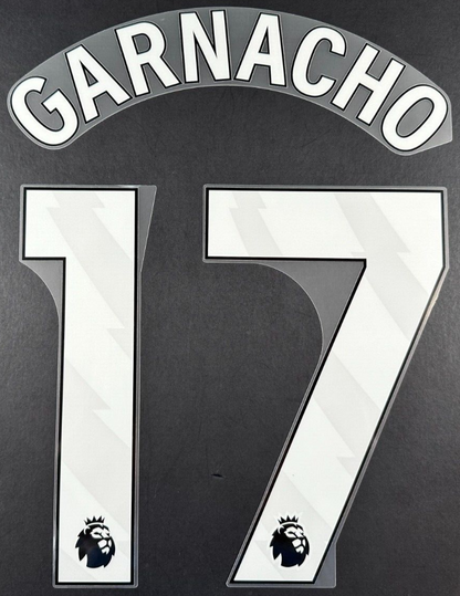 MAN UTD 23 - 25  GARNACHO 17 OFFICIAL AVERY DENNISON WHITE PLAYER SIZE NAME SET