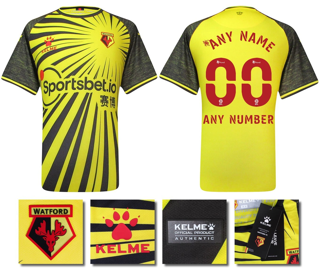 BNWT 2020 2021 WATFORD HOME KELME FOOTBALL SHIRT PERSONALISED MEN'S