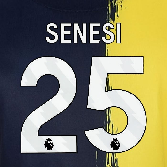 2023 2024 BOURNEMOUTH SENESI 25 WHITE 3rd PLAYER SIZE NAME SET