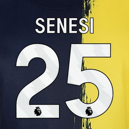 2023 2024 BOURNEMOUTH SENESI 25 WHITE 3rd PLAYER SIZE NAME SET