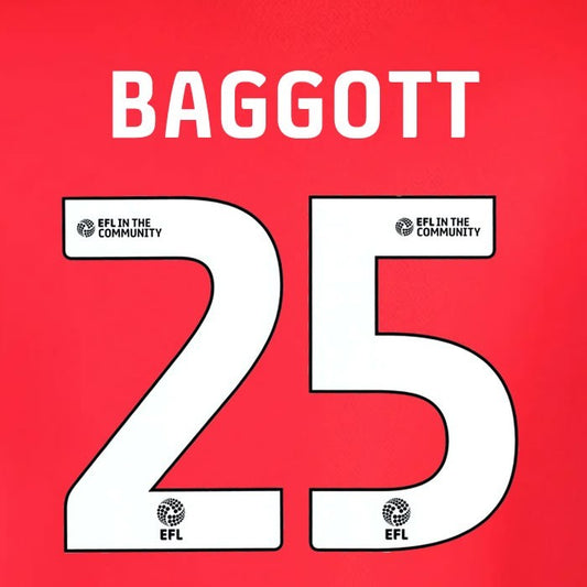 25 26  IPSWITCH TOWN BAGGOTT 25 OFFICIAL WHITE AWAY PLAYER SIZE NAME SET 230MM