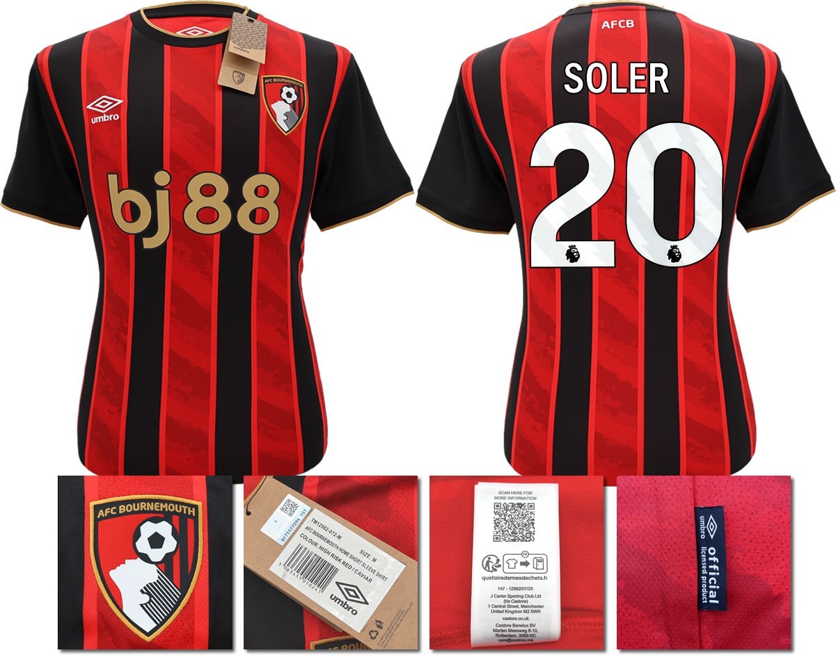 BNWT 2025 2026 UMBRO AFC BOURNEMOUTH HOME SHIRT SOLER 20 + PATCHES