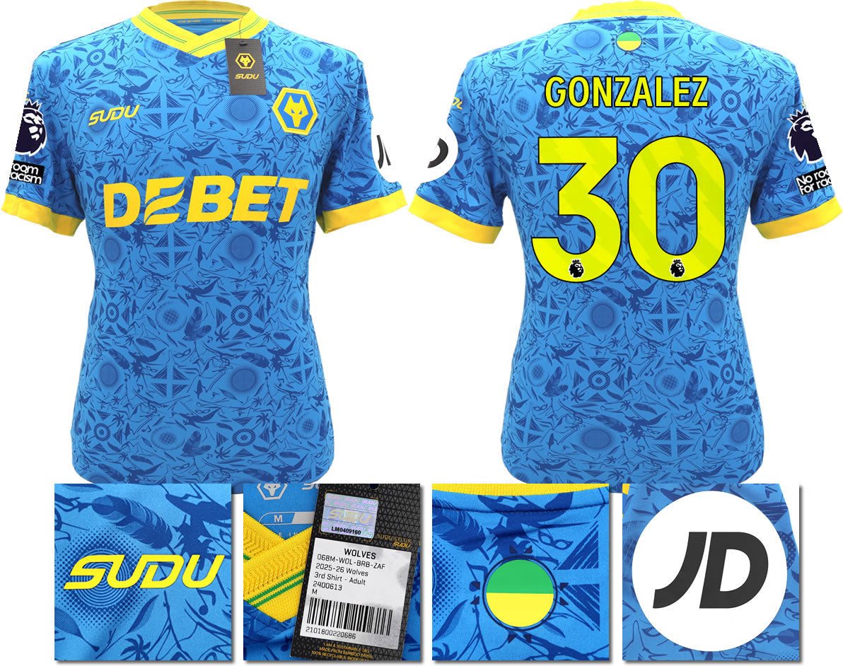 BNWT 2025/2026 WOLVERHAMPTON WANDERERS F.C.  SUDU THIRD SHIRT GONZALEZ 30