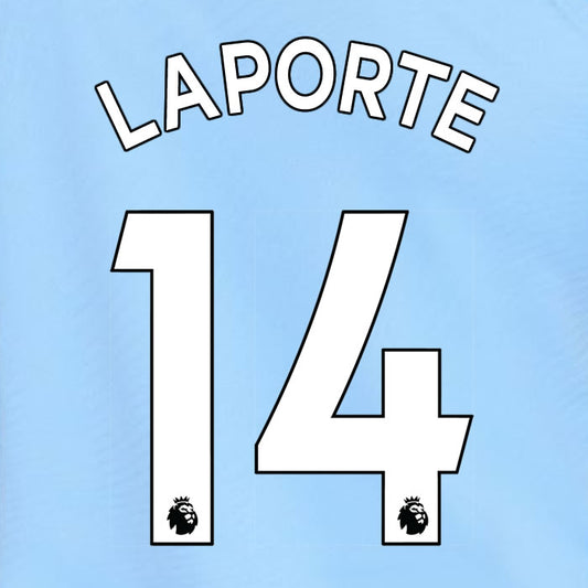2019 2020 MANCHESTER CITY LAPORTE 14 WHITE HOME OFFICIAL PLAYER SIZE NAME SET