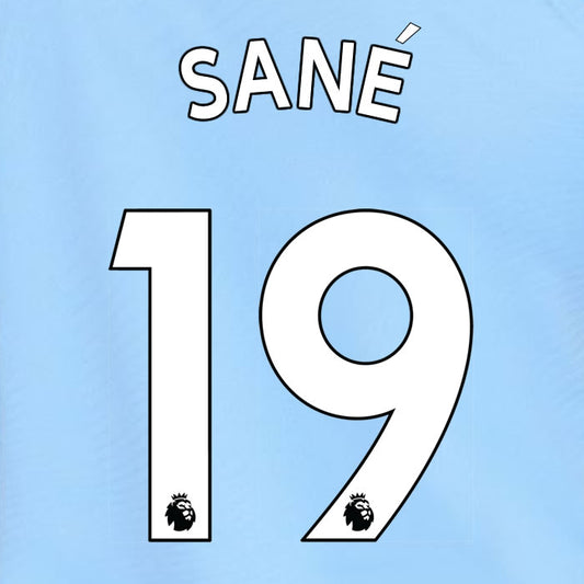 2019 2020 MANCHESTER CITY SANÉ 19 WHITE HOME OFFICIAL PLAYER SIZE NAME SET